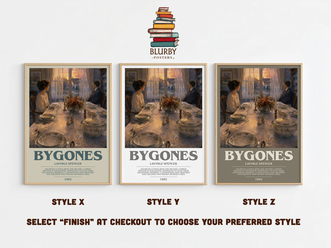 Bygones bookish print in frame leaning in hallway – romance wall art (mockup)