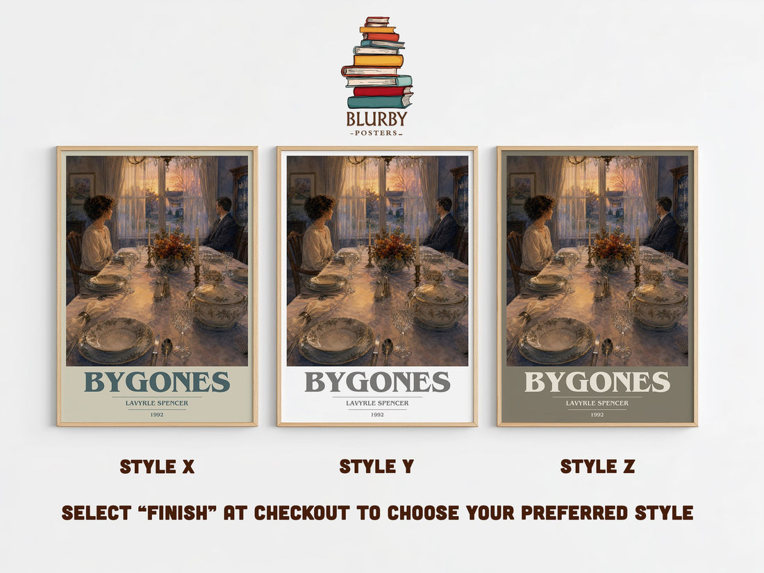 Bygones book cover print in frame leaning in hallway – romance wall art (mockup)
