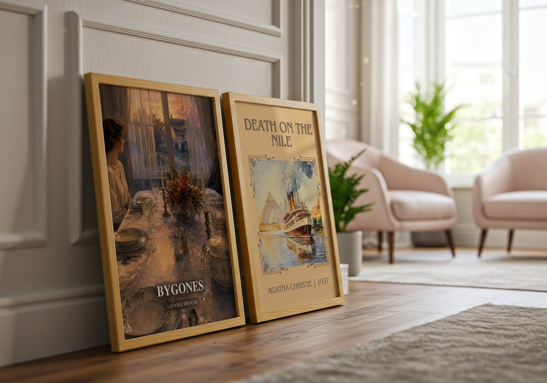 Bygones watercolour print framed by window – literary home decor