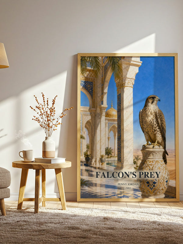 Falcon's Prey watercolour print in frame leaning in hallway – romance wall art