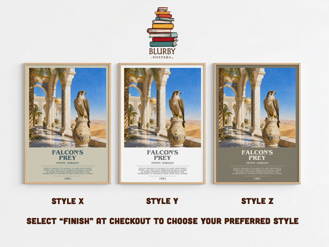 Falcon's Prey bookish print in frame leaning in hallway – romance wall art (mockup)