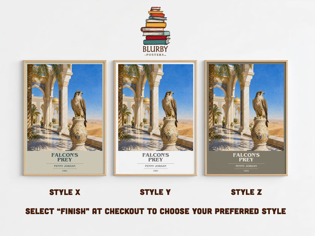 Falcon's Prey book cover print in frame leaning in hallway – romance wall art (mockup)