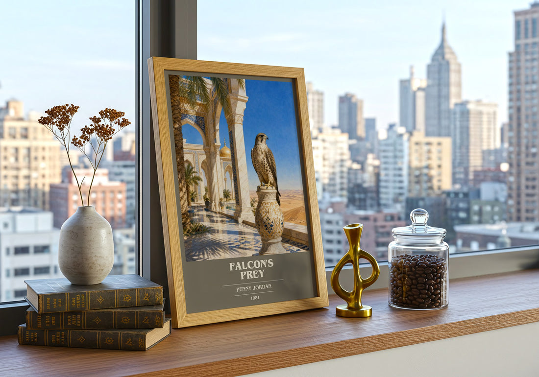 Falcon's Prey book cover print framed by window – literary home decor