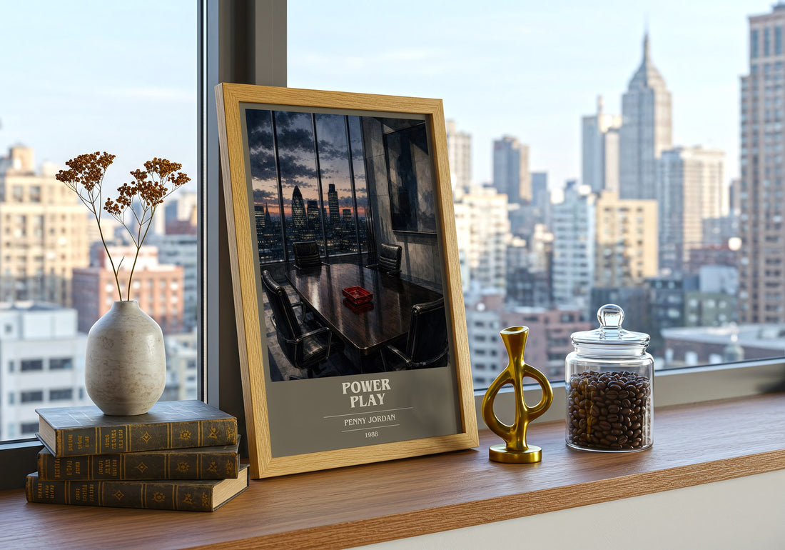 Power Play book cover print framed by window – literary home decor