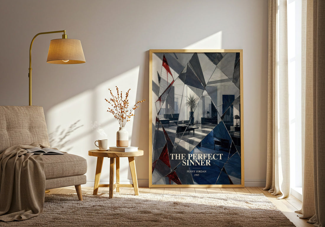The Perfect Sinner watercolour print in frame leaning in hallway – romance wall art (mockup)
