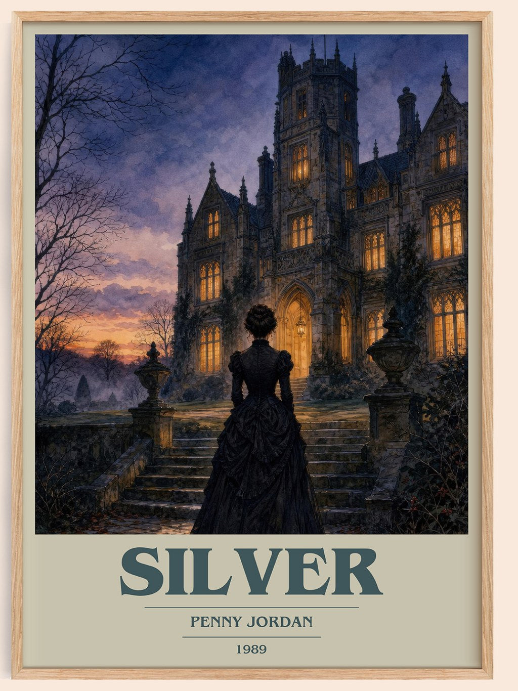 Silver book cover book poster by Penny Jordan – framed literary art print