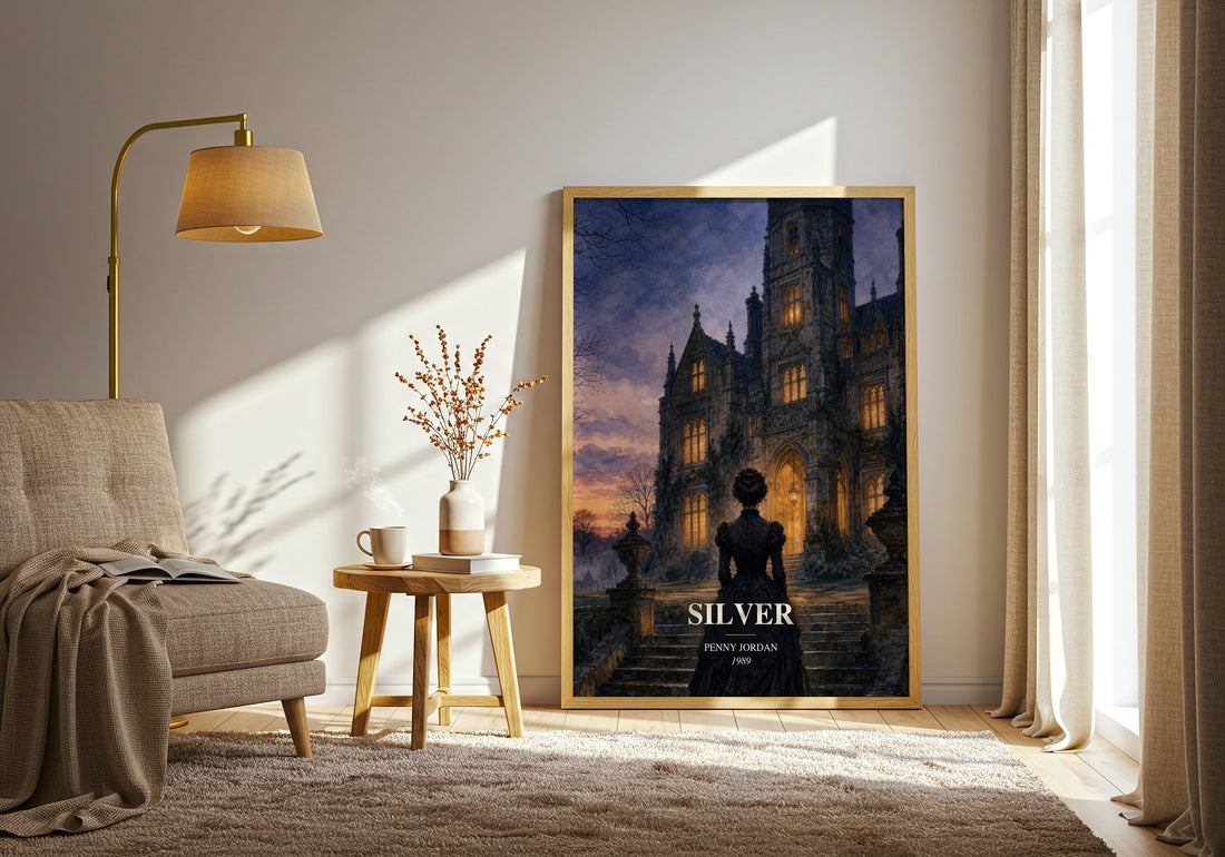 Silver watercolour print in frame leaning in hallway – romance wall art (mockup)