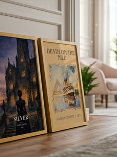 Silver watercolour print framed by window – literary home decor