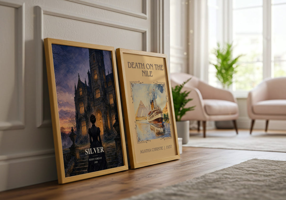 Silver watercolour print framed by window – literary home decor