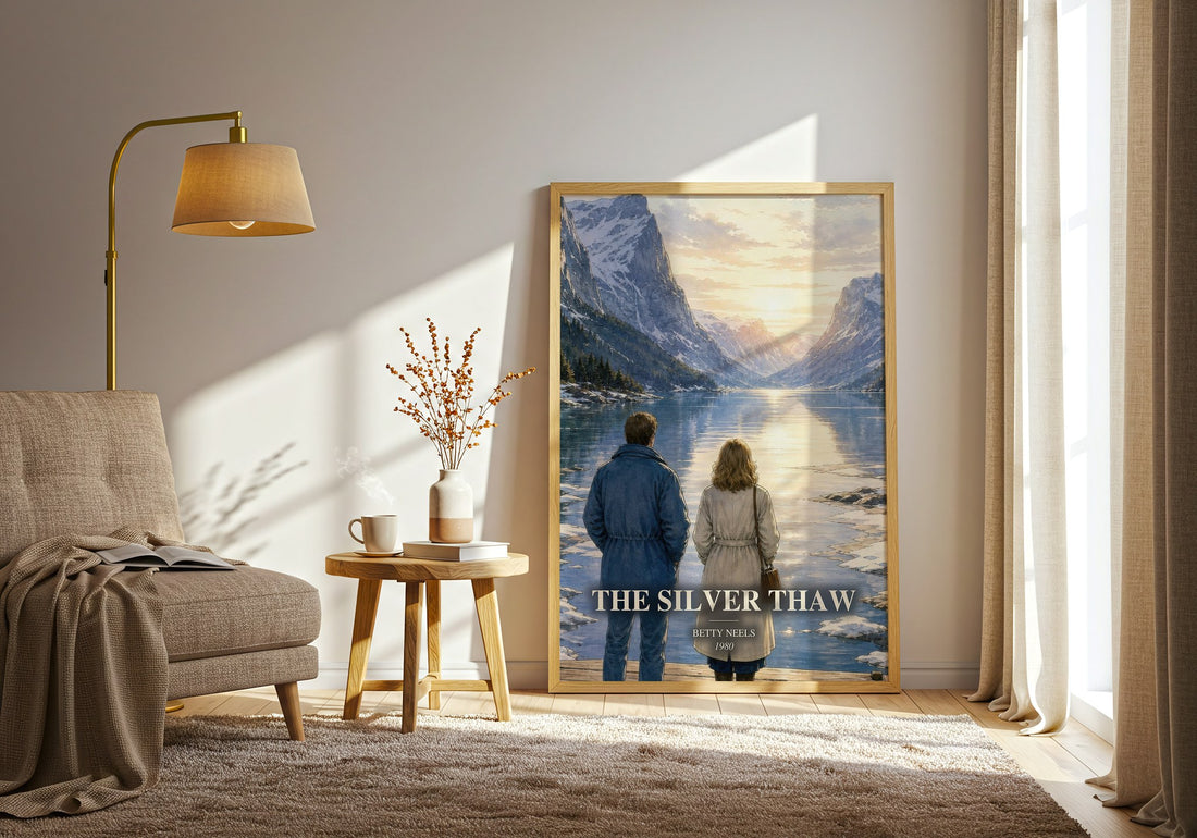 The Silver Thaw watercolour print in frame leaning in hallway – romance wall art (mockup)