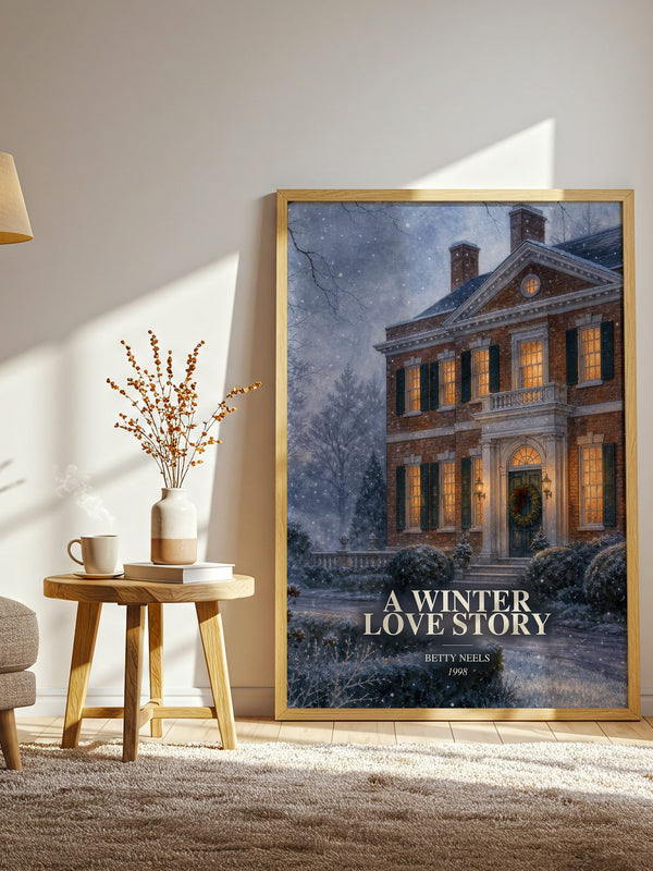 A Winter Love Story watercolour print in frame leaning in hallway – romance wall art