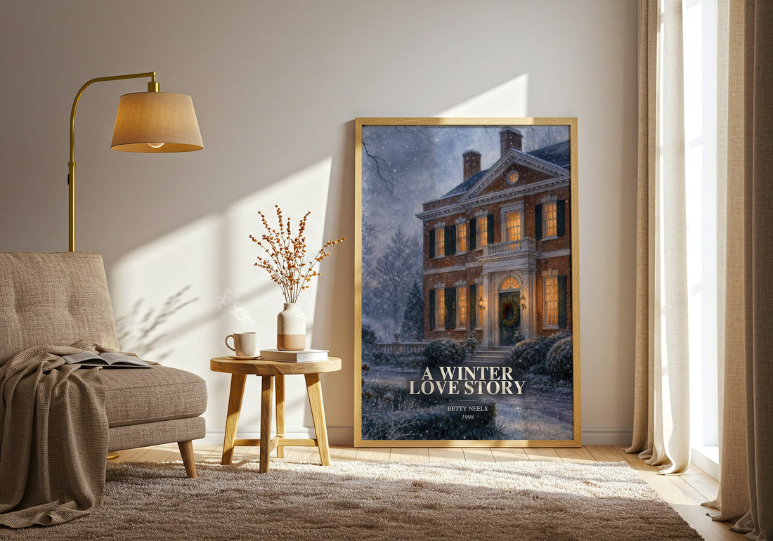 A Winter Love Story watercolour print in frame leaning in hallway – romance wall art (mockup)