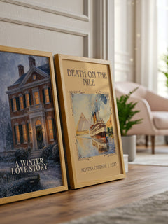 A Winter Love Story watercolour print framed by window – literary home decor