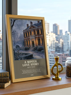 A Winter Love Story bookish print framed by window – literary home decor
