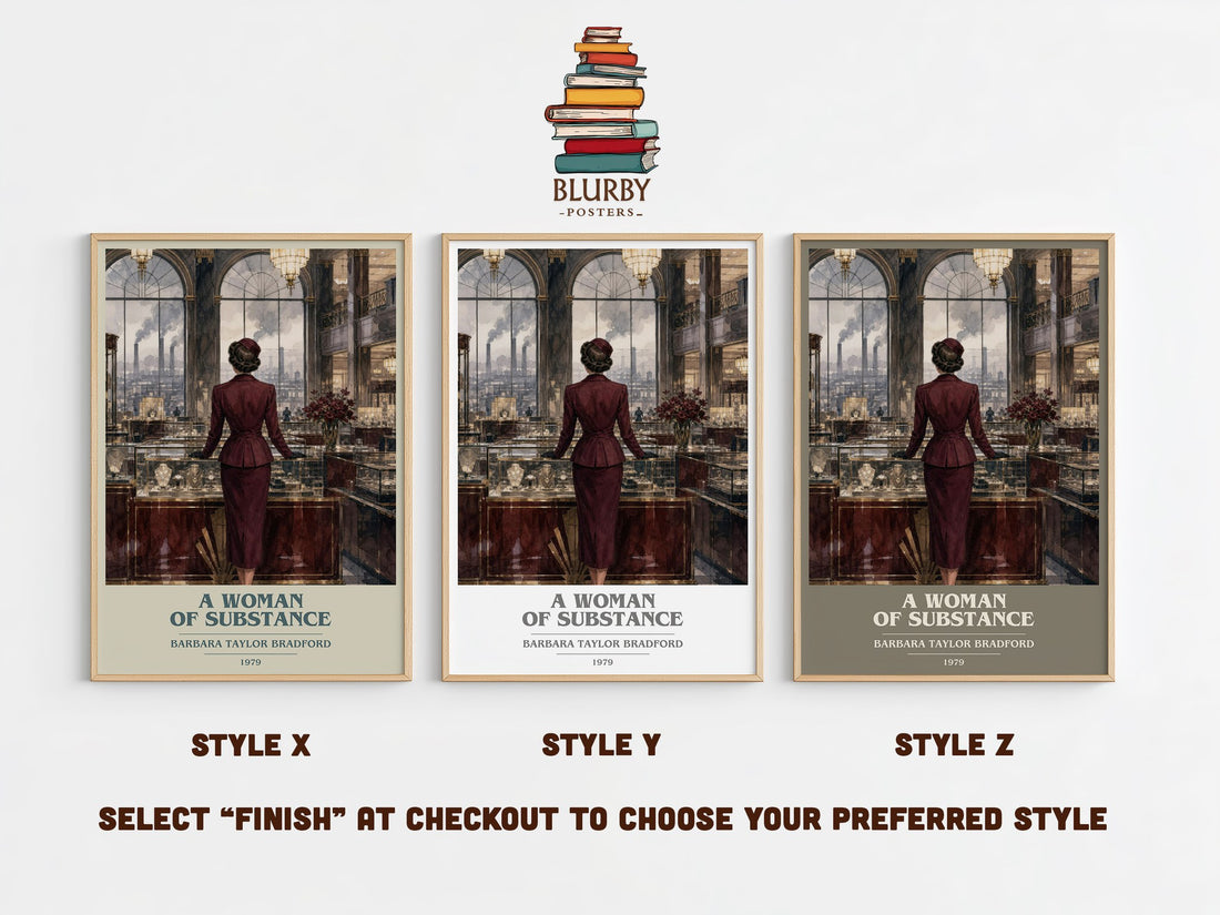 A Woman of Substance book cover print in frame leaning in hallway – historical fiction wall art (mockup)
