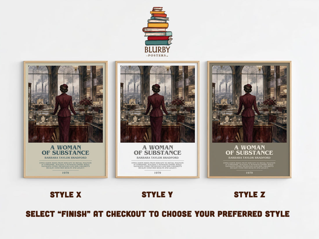 A Woman of Substance bookish print in frame leaning in hallway – historical fiction wall art (mockup)