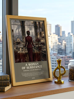 A Woman of Substance bookish print framed by window – literary home decor