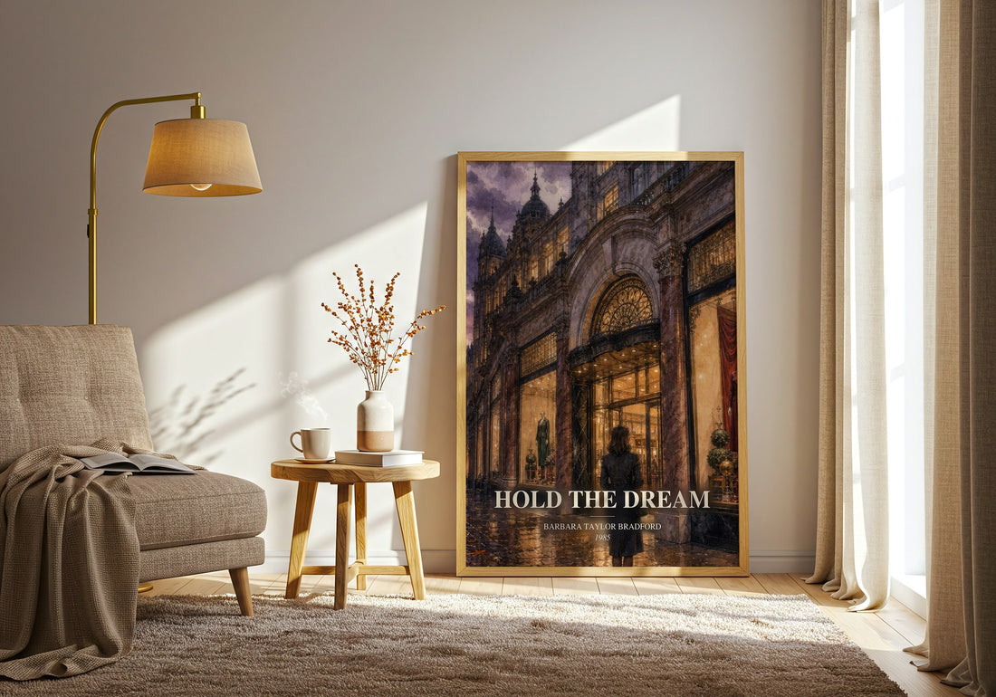 Hold the Dream watercolour print in frame leaning in hallway – contemporary fiction wall art (mockup)