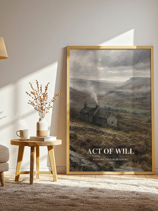 Act of Will watercolour print in frame leaning in hallway – historical fiction wall art