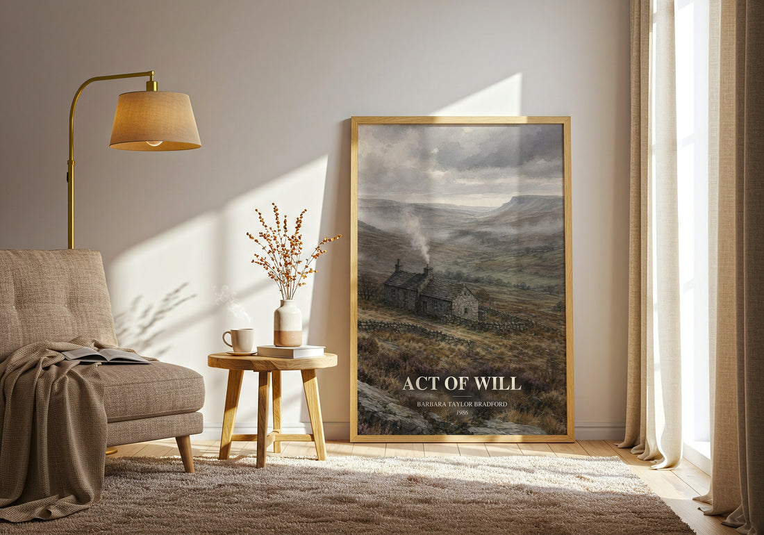 Act of Will watercolour print in frame leaning in hallway – historical fiction wall art (mockup)