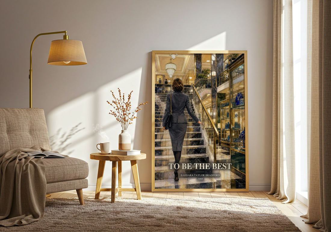 To Be the Best watercolour print in frame leaning in hallway – contemporary fiction wall art (mockup)