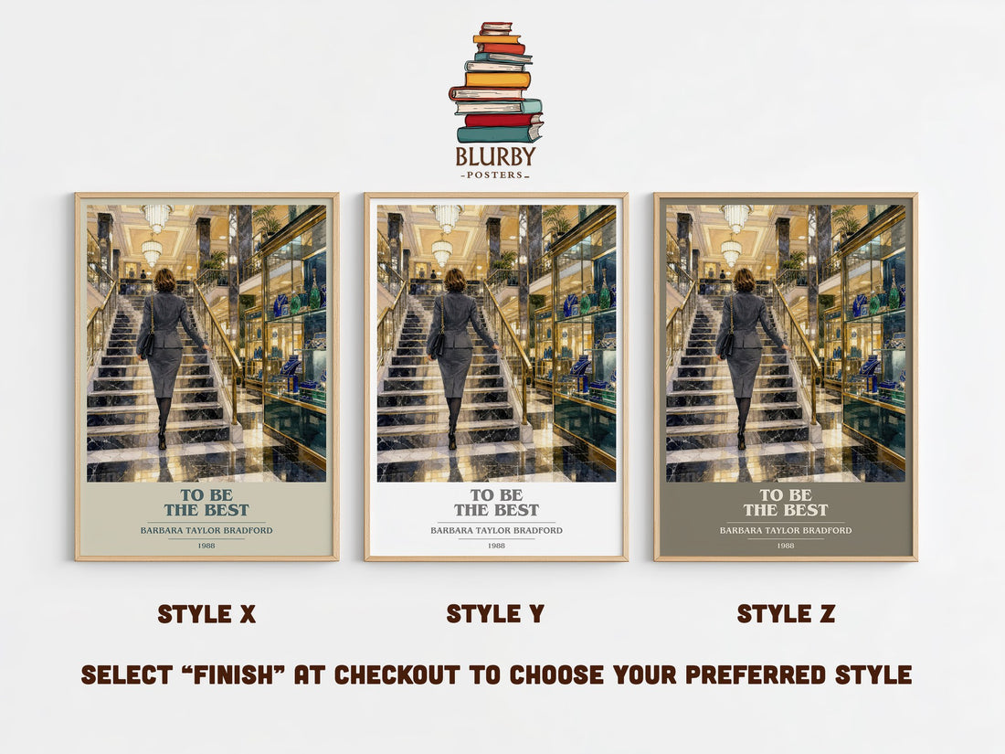 To Be the Best book cover print in frame leaning in hallway – contemporary fiction wall art (mockup)