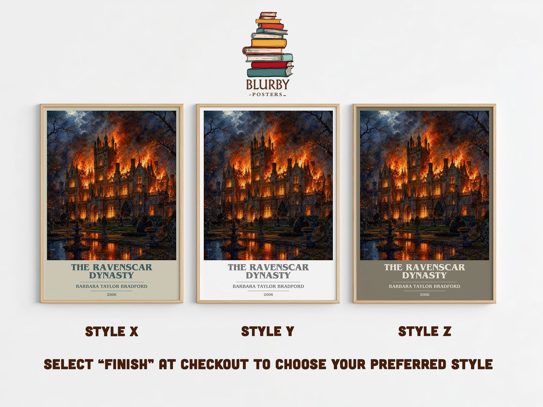 The Ravenscar Dynasty book cover print in frame leaning in hallway – historical fiction wall art (mockup)