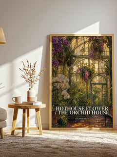 Hothouse Flower / The Orchid House watercolour print in frame leaning in hallway – historical fiction wall art