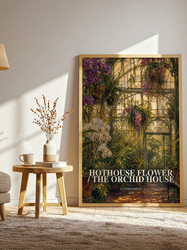 Hothouse Flower / The Orchid House watercolour print in frame leaning in hallway – historical fiction wall art
