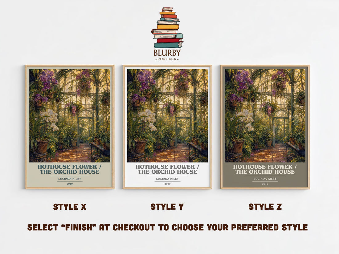 Hothouse Flower / The Orchid House book cover print in frame leaning in hallway – historical fiction wall art (mockup)