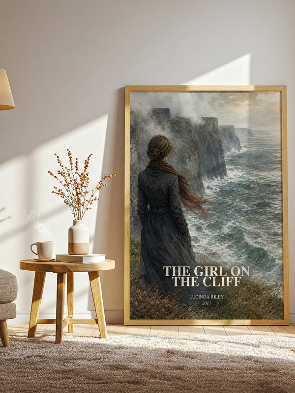 The Girl on the Cliff watercolour print in frame leaning in hallway – romance wall art