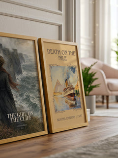 The Girl on the Cliff watercolour print framed by window – literary home decor