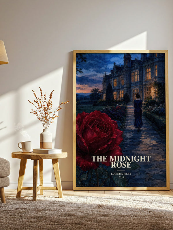 The Midnight Rose watercolour print in frame leaning in hallway – historical fiction wall art