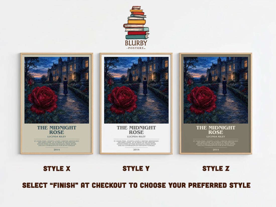 The Midnight Rose bookish print in frame leaning in hallway – historical fiction wall art (mockup)