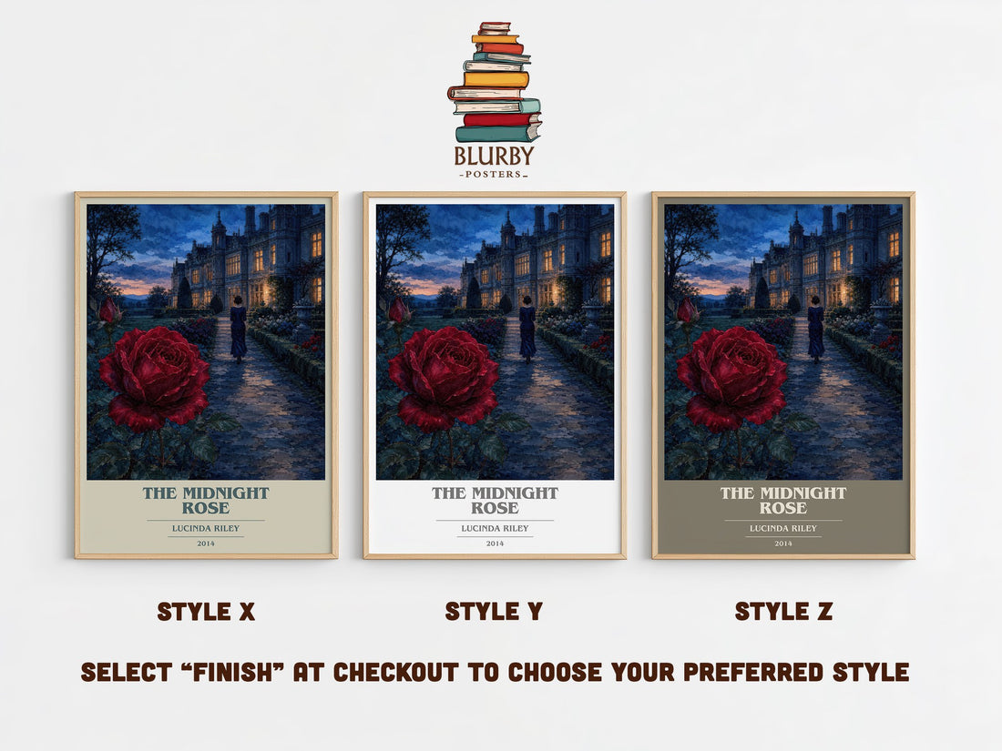 The Midnight Rose book cover print in frame leaning in hallway – historical fiction wall art (mockup)