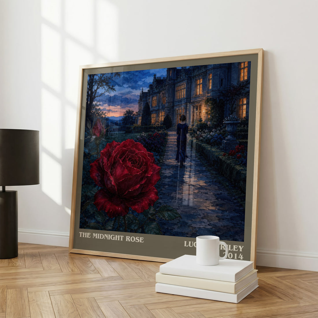 The Midnight Rose literary print framed by window – literary home decor