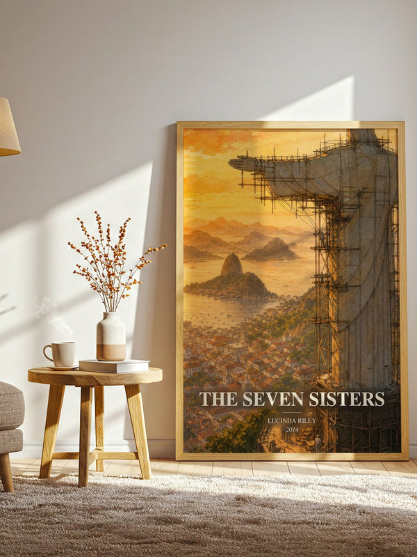 The Seven Sisters watercolour print in frame leaning in hallway – contemporary fiction wall art