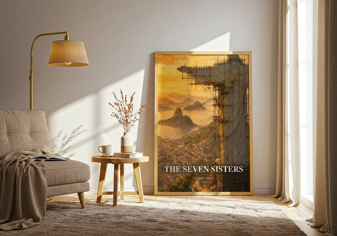 The Seven Sisters watercolour print in frame leaning in hallway – contemporary fiction wall art (mockup)