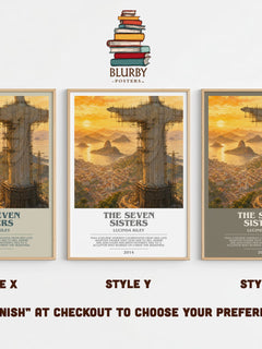 The Seven Sisters bookish print in frame leaning in hallway – contemporary fiction wall art