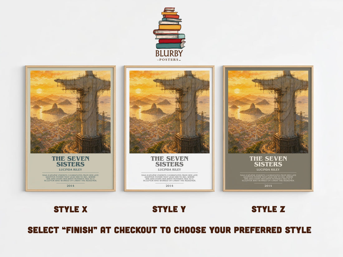 The Seven Sisters bookish print in frame leaning in hallway – contemporary fiction wall art (mockup)