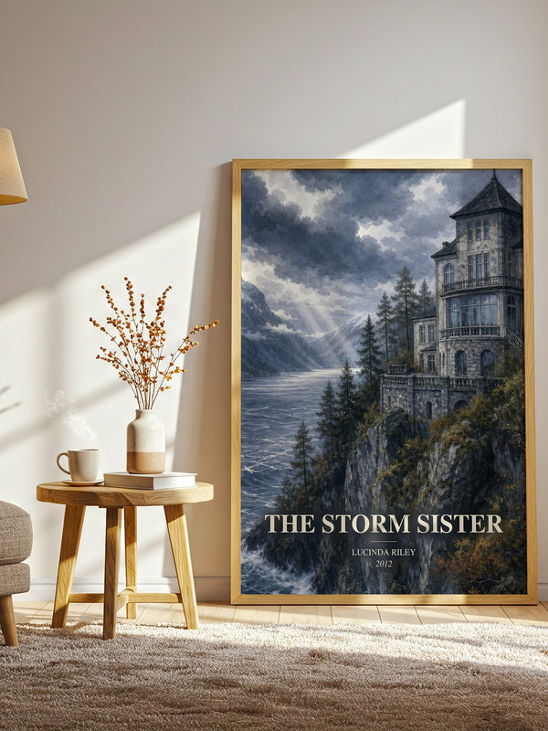 The Storm Sister watercolour print in frame leaning in hallway – contemporary fiction wall art