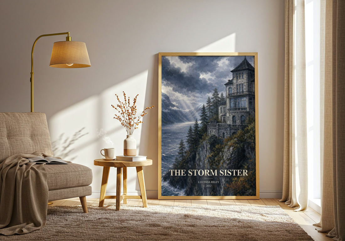 The Storm Sister watercolour print in frame leaning in hallway – contemporary fiction wall art (mockup)
