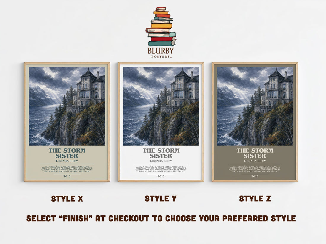 The Storm Sister bookish print in frame leaning in hallway – contemporary fiction wall art (mockup)