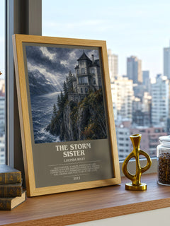 The Storm Sister Bookish Wall Art by Lucinda Riley – framed print on a city-view windowsill