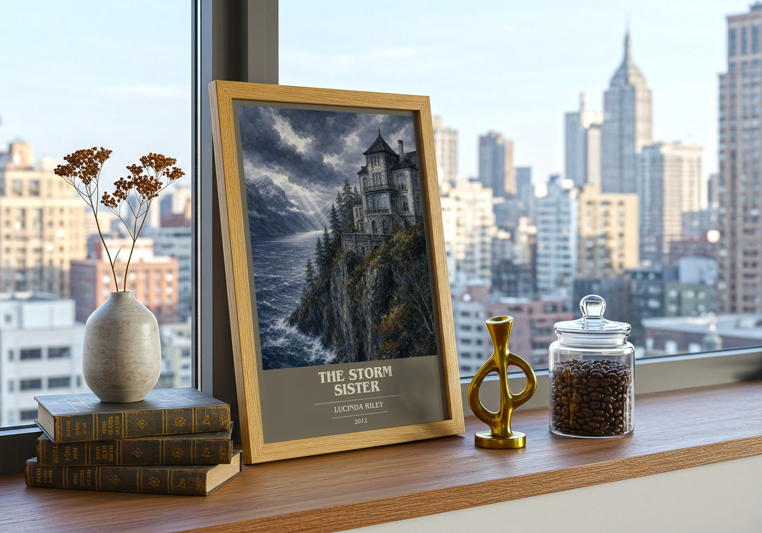 The Storm Sister book cover print framed by window – literary home decor