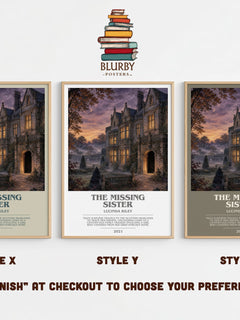 The Missing Sister bookish print in frame leaning in hallway – contemporary fiction wall art