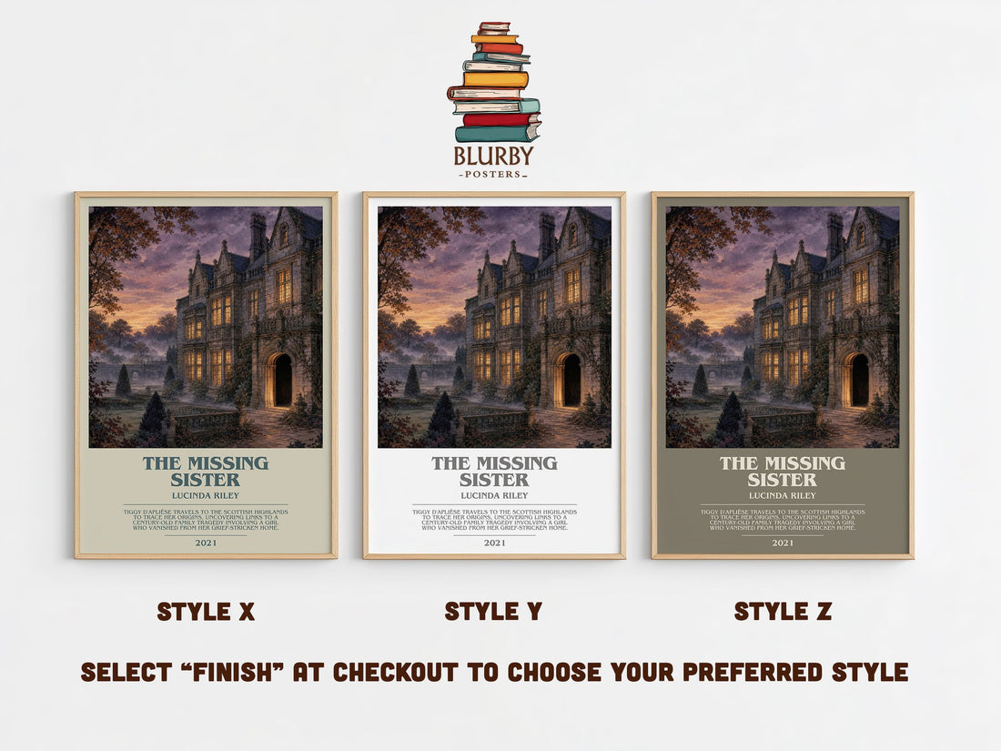 The Missing Sister bookish print in frame leaning in hallway – contemporary fiction wall art (mockup)