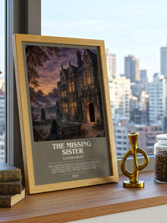 The Missing Sister bookish print framed by window – literary home decor
