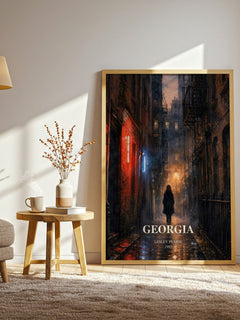 Georgia watercolour print in frame leaning in hallway – contemporary fiction wall art