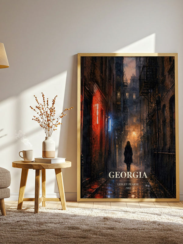 Georgia watercolour print in frame leaning in hallway – contemporary fiction wall art